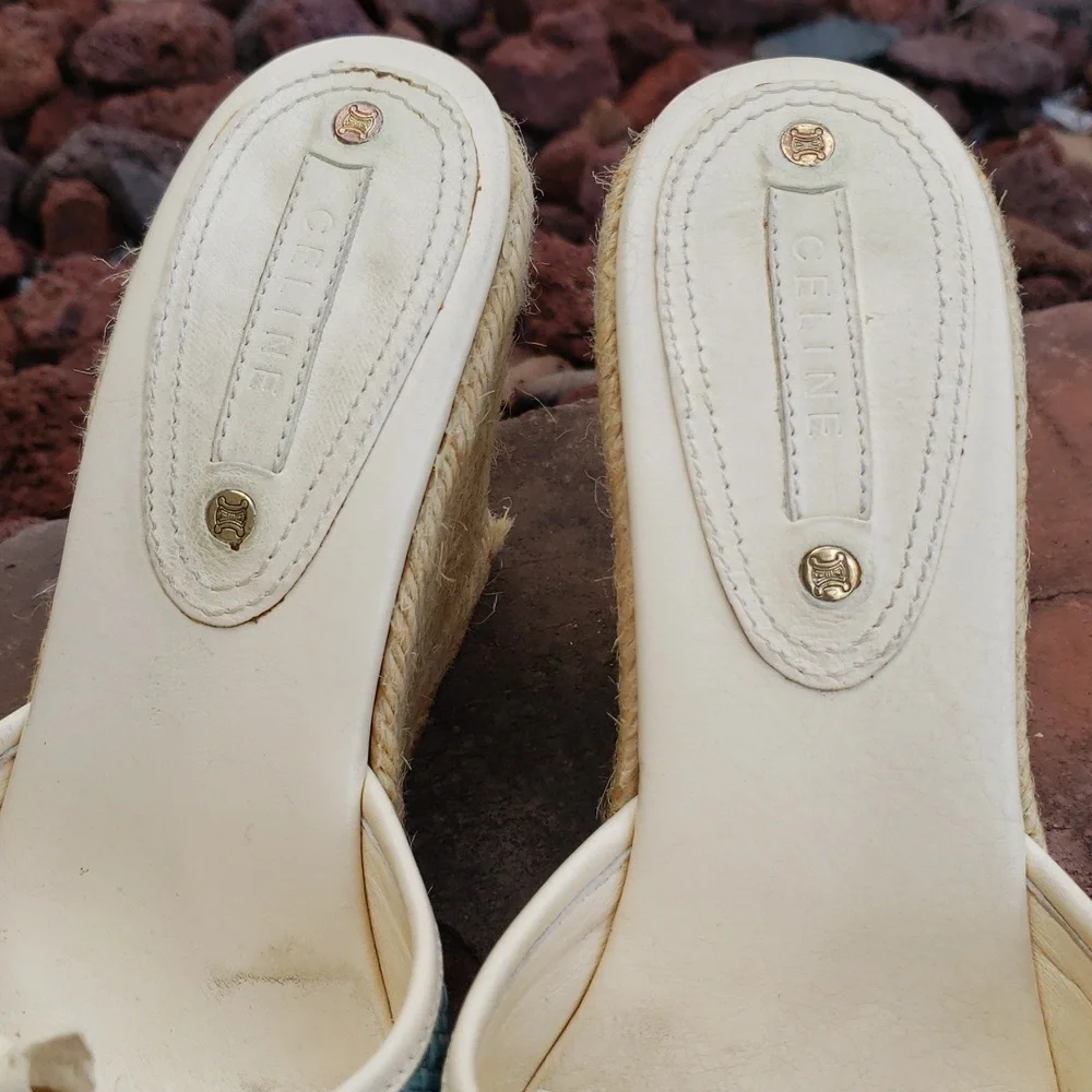Vintage Celine Espadrille Floral Leather Wedge Sandal Size 36 Luxury Bohemian